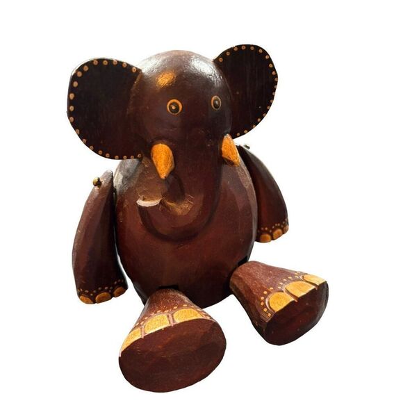 Hand-Carved Wooden Elephant Figurine With Hinged Legs & Decorative Accents - Picture 8 of 9
